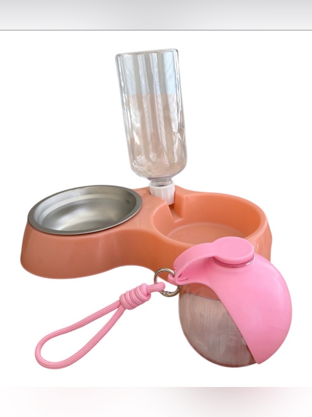 Peach & Pink Double Pet Feeder with Water Bottle and Travel Dispenser